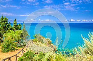 Aerial view of beautiful amazing Tyrrhenian sea with turquoise water, tropical seascape, endless horizon