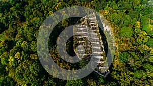 Aerial view of beautiful ancient fortress in forest in summer. Tarakaniv Fort.