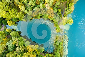 Aerial view of beautiful Balsys lake, one of six Green Lakes, located in Verkiai Regional Park. Birds eye view of scenic emerald