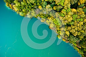 Aerial view of beautiful Balsys lake, one of six Green Lakes, located in Verkiai Regional Park. Birds eye view of scenic emerald