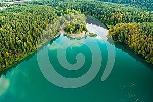 Aerial view of beautiful Balsys lake, one of six Green Lakes, located in Verkiai Regional Park. Birds eye view of scenic emerald