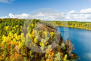 Aerial view of beautiful Balsys lake, one of six Green Lakes, located in Verkiai Regional Park. Birds eye view of scenic emerald