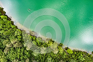 Aerial view of beautiful Balsys lake, one of six Green Lakes, located in Verkiai Regional Park. Birds eye view of scenic emerald