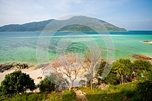 Aerial view of beautiful beach of Koh Lipe against blue sky in Satun, Thailand, Clear water and blue sky Lipe island, Thailand