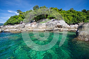 Aerial view of beautiful beach of Koh Lipe against blue sky in Satun, Thailand, Clear water and blue sky Lipe island, Thailand