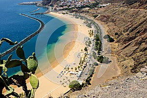 Aerial view of the beautiful beach `Las Teresitas`. Municipality Santa Cruz de Tenerife, Tenerife, Canary Islands, Spain
