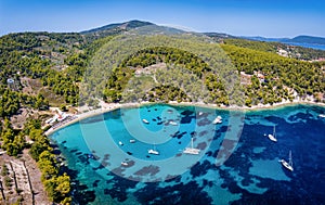 Aerial view of the beautiful beach of Milia, Alonissos island