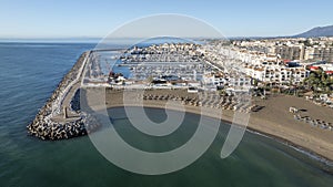 aerial view of the beautiful beach of Puerto Banus in Marbella, Andalusia