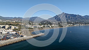 aerial view of the beautiful beach of Puerto Banus in Marbella, Andalusia