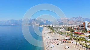 Aerial view of beautiful blue lagoon and Konyaalti beach in Antalya, Turkey