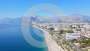Aerial view of beautiful blue lagoon and Konyaalti beach in Antalya, Turkey