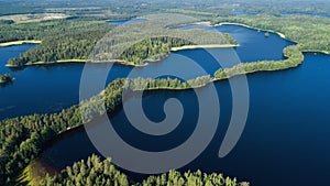 Aerial view of beautiful blue lake Liesjarvi in Finland. Blue lakes, islands and green forests from above on a summer morning.