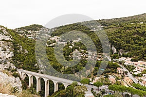 aerial view of beautiful bridge at small european town in hills, Fort de la Revere, France