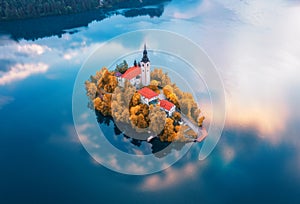 Aerial view of beautiful church on the island on the Bled Lake