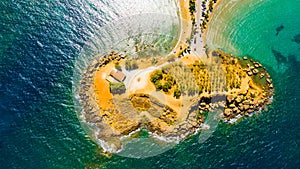 Aerial view of the beautiful city of Chania with it's old harbor and the famous lighthouse, Crete, Greece.