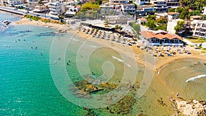 Aerial view of the beautiful city of Chania with it's old harbor and the famous lighthouse, Crete, Greece.
