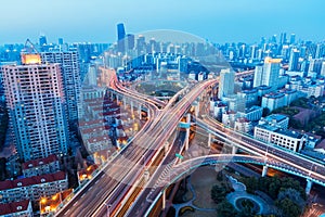 Aerial view of beautiful city interchange in nightfall