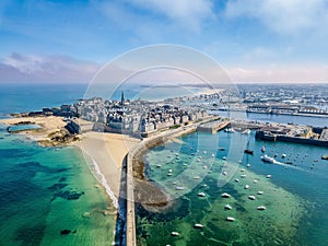 Aerial view of the beautiful city of Privateers on sunset- Saint Malo in Brittany, France photo