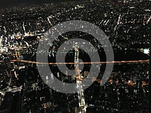 Aerial view of the beautiful city of Tokyo in Japan with high skyscrapers at night