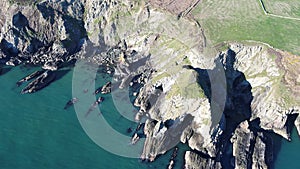 Aerial view of the beautiful cliffs close to the historic South Stack lighthouse on Anglesey - Wales
