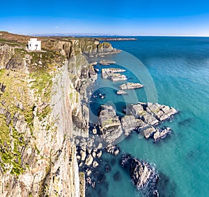 Aerial view of the beautiful cliffs close to the historic South Stack lighthouse on Anglesey - Wales