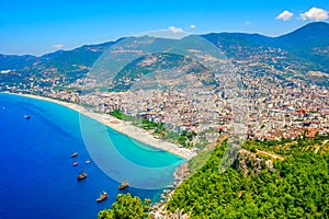 Aerial view of beautiful coast landscape Klepatra Beach in Alanya, Turkey