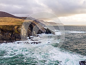 Aerial view of the beautiful coast at Malin Beg looking in County Donegal, Ireland.