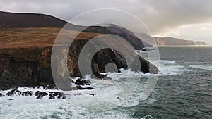 Aerial view of the beautiful coast at Malin Beg looking in County Donegal, Ireland.