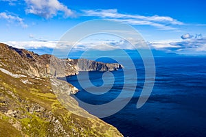 Aerial view of the beautiful coast at Malin Beg with Slieve League in the background in County Donegal, Ireland