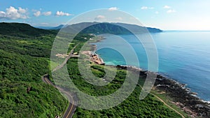 Aerial view of beautiful coastline and mountain road