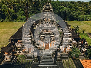 Aerial view of beautiful complex traditional Hinduism stone balinese temple