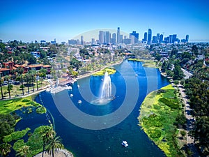 Aerial view of the beautiful Echo Park Lake near the downtown Los Angeles skyline