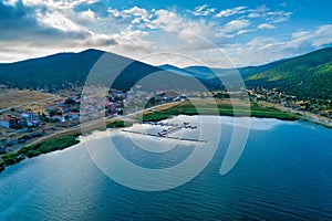 Aerial view of the beautiful fishing village Psarades in Prespa lake