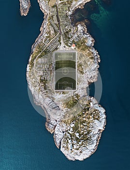 Aerial view of beautiful football field at the Lofoten islands