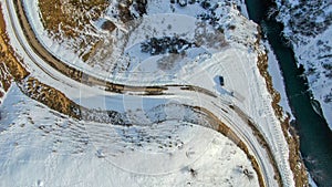 Aerial view of Beautiful forest snow scene in the West Tianshan Mountains in winter