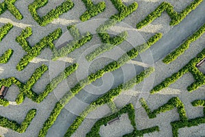Aerial view of beautiful formal garden with labyrinth