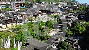 Aerial view of beautiful Furong waterfall in famous Ancient Town.