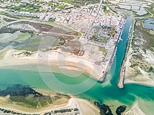 Aerial view of beautiful Fuseta by Ria Formosa Natural Park, Algarve, Portugal