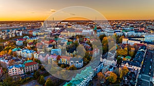 Aerial view of beautiful Helsinki at sunset. Blue sky and clouds and colorful buildings. Helsinki, Finland