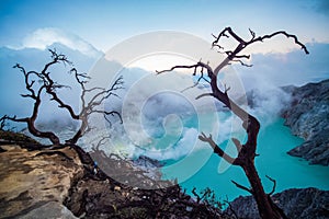 Aerial view of beautiful Ijen volcano with acid lake and sulfur gas going from crater