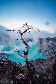 Aerial view of beautiful Ijen volcano with acid lake and sulfur gas going from crater
