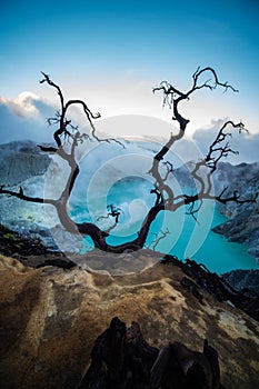 Aerial view of beautiful Ijen volcano with acid lake and sulfur gas going from crater