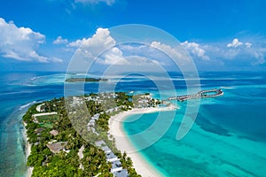 Aerial view of beautiful island at Maldives in the Indian Ocean. Top view from drone