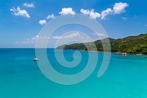 Aerial view of beautiful island at Seychelles in the Indian Ocean.Top view from drone