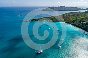 Aerial view of beautiful island at Seychelles in the Indian Ocean.Top view from drone