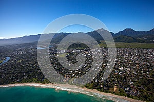 Beautiful aerial view of Kailua Beach, Oahu Hawaii on the greener and rainier windward side of the island.