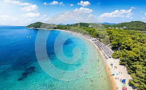 Aerial view of the beautiful Koukounaries beach on the island of Skiathos