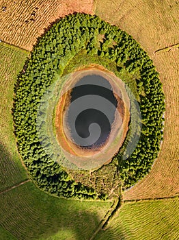 Aerial view of beautiful lagoon in the Azores islands. Drone landscape view with lines and textures in the background. Top view of