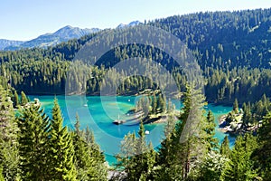 Aerial view of beautiful Lake Cauma with turquoise water. Grisons, Graubuenden, Switzerland.