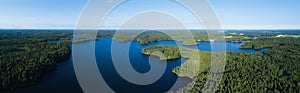 Aerial view of beautiful lake with islands and green forests in Finland